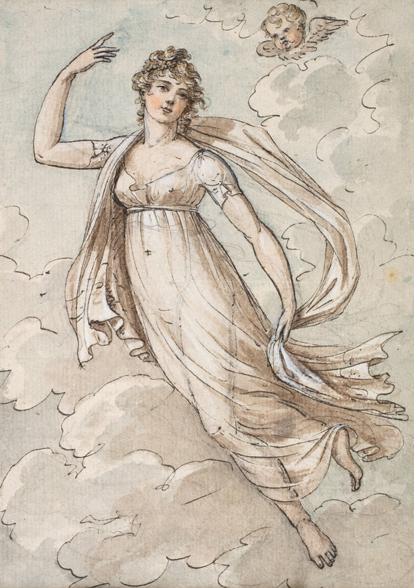 Woman floating in the sky observed by a cherub 1800  1849