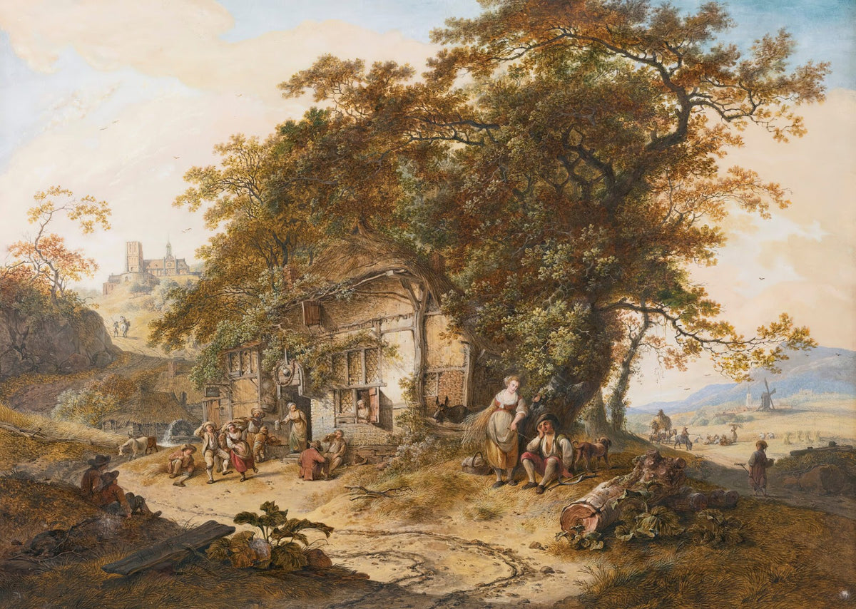 Extensive Landscape With Peasants Resting Before A Tavern Others Harvesting In T