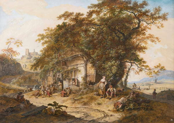 Extensive Landscape With Peasants Resting Before A Tavern Others Harvesting In T