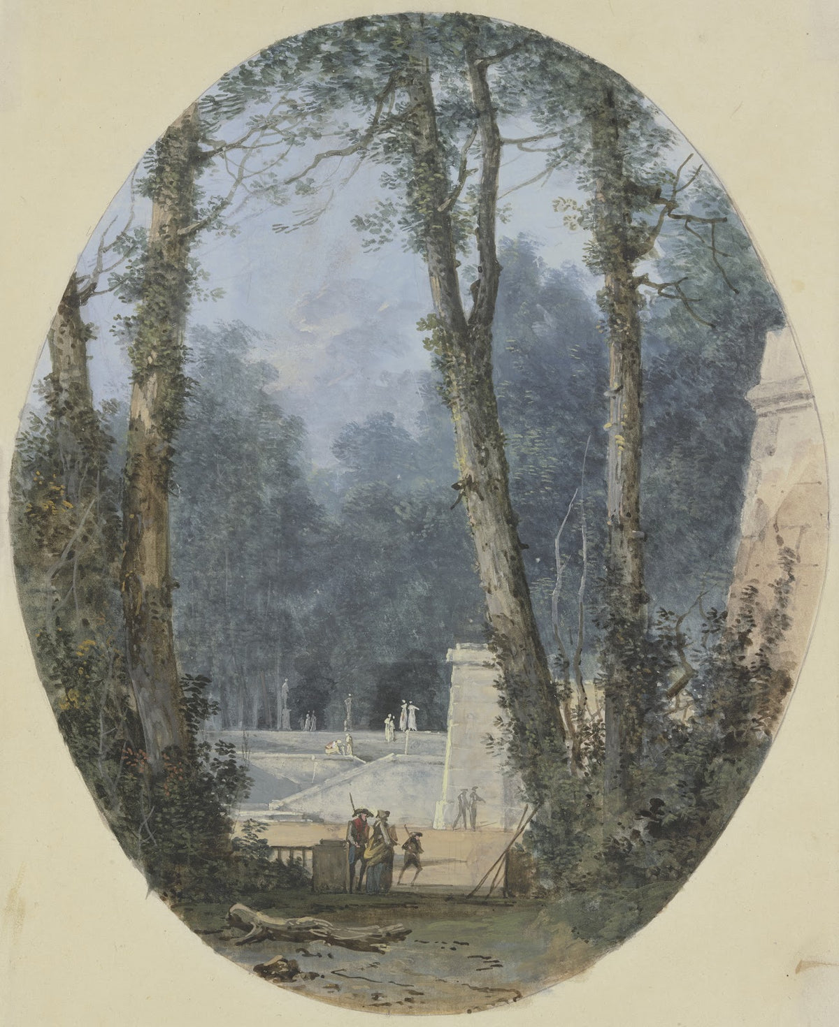 Park Landscape with Tall Trees and Stone Ramp in Mid Field ca 1780