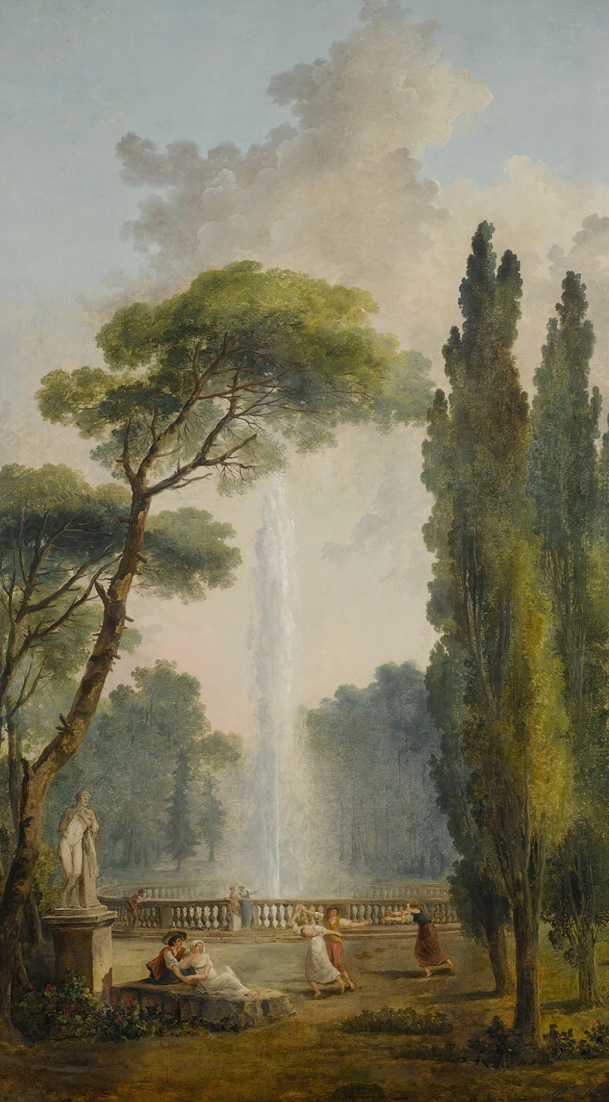 View of a garden with a large fountain at center and figures relaxing and dancin