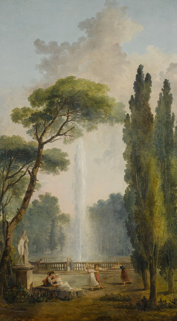 View of a garden with a large fountain at center and figures relaxing and dancin
