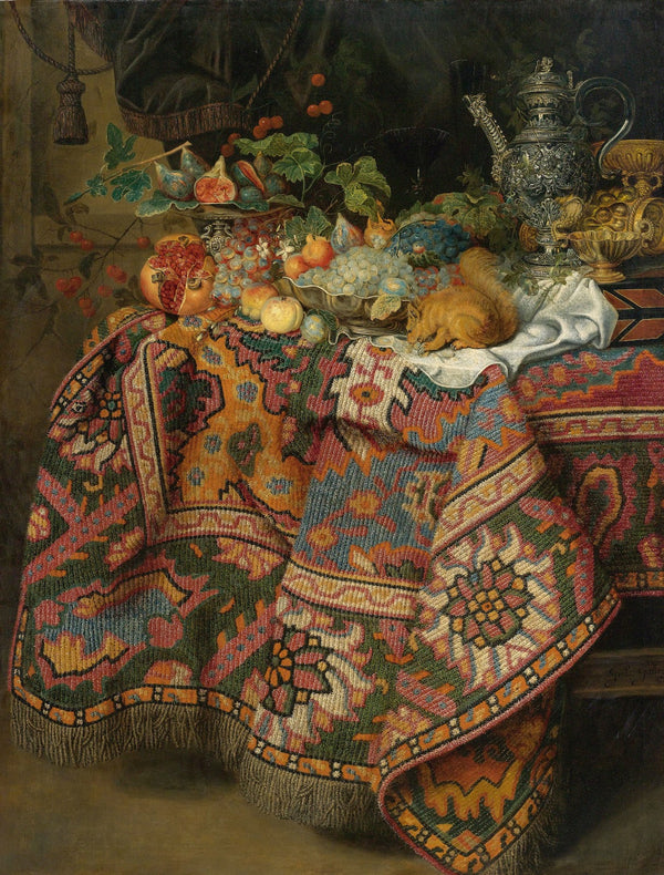 Still Life With Fruit Gold And Silver Vessels And A Squirrel All On A Table Cove
