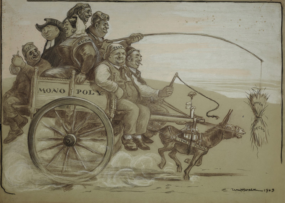 A group of large people representing various trusts ride on a wagon monopoly whi