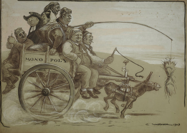 A group of large people representing various trusts ride on a wagon monopoly whi