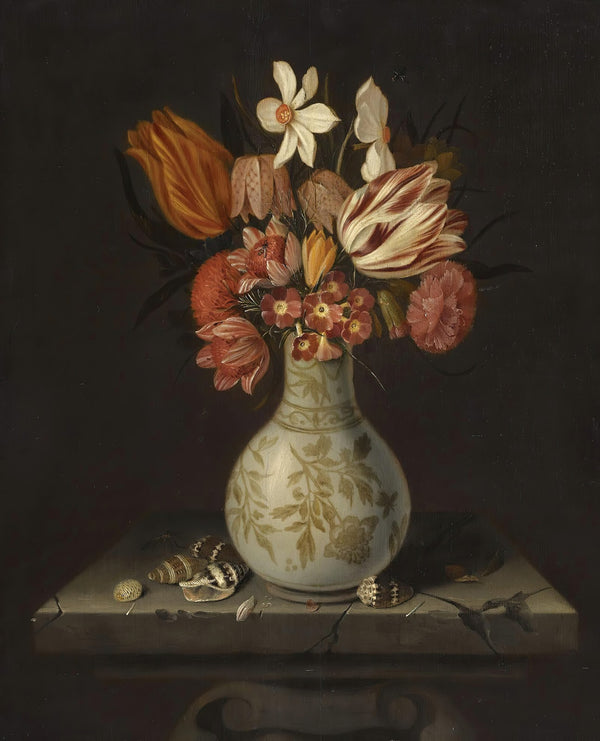Still Life With Tulips Crocuses Primroses And Other Flowers In A Vase On A Stone