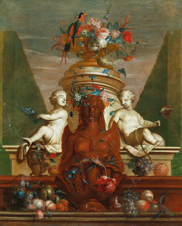 An elaborate fountain with fruit flowers and a parrot