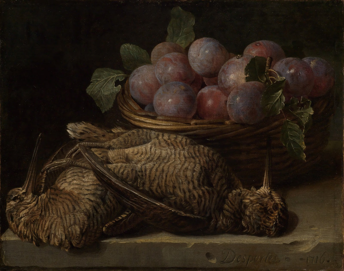 Still life with plums and two snipes on a stone table 1716