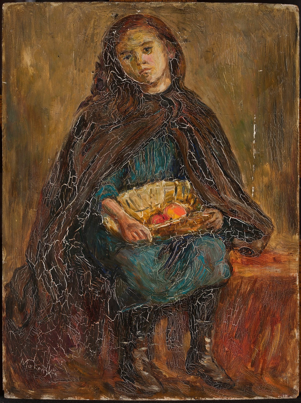 Little girl with a basket of apples on her knees 1919