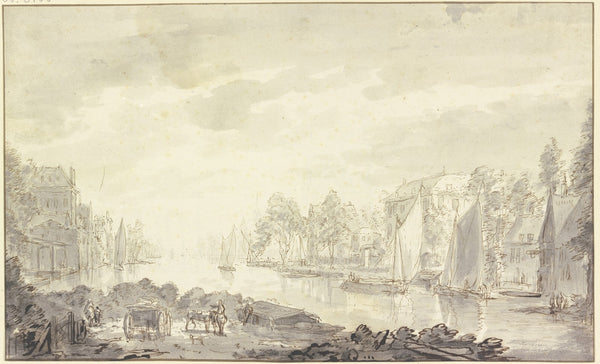 Stadtansicht am Fluss vorne ein Wagen und Pferde