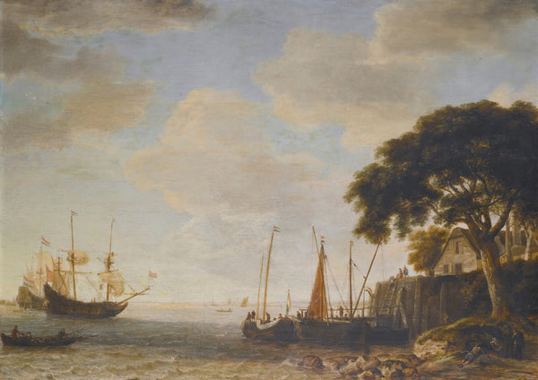 Coastal Landscape A Dutch KaagTied Up To A Quay A Man Of War Weighing Anchor Bey