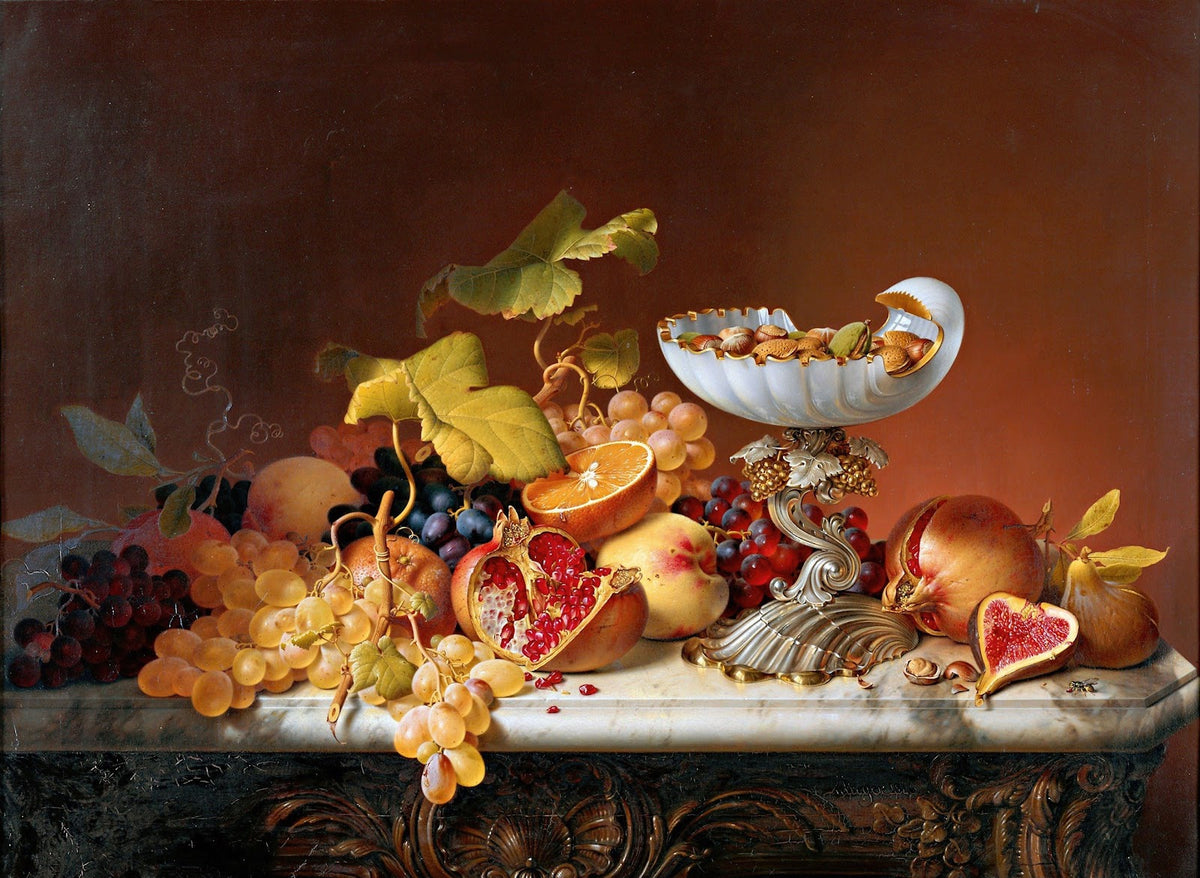 Tropical fruits with milk glass shell in shell shape 1846