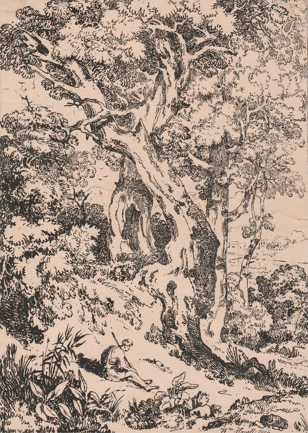 Study of trees and scrubs with seated male figure