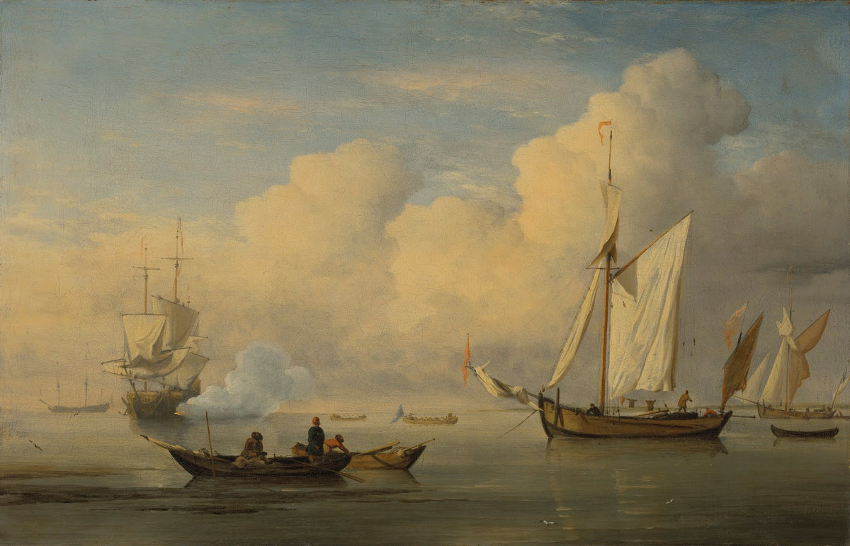 A galliot at anchor with two fishing boats close to the shore