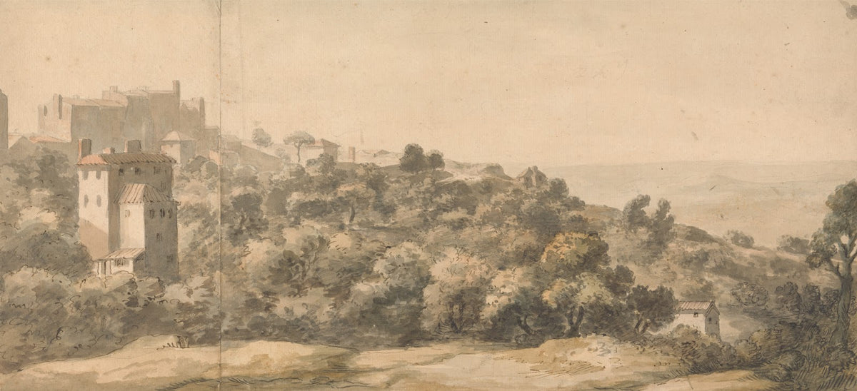 An Italian Landscape village on a hill left hillside sloping towards right with