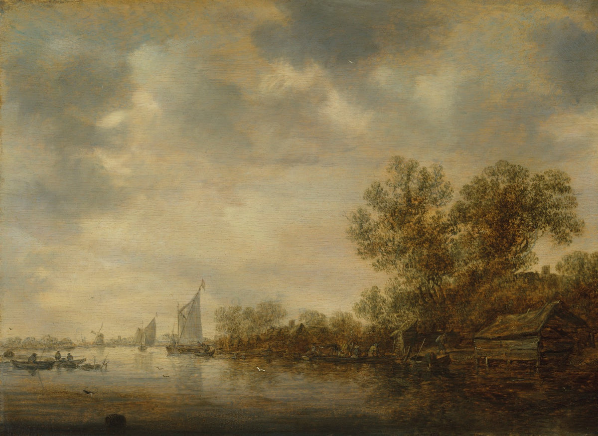 A river landscape with sailing vessels fishermens boats and a ferry with peasant