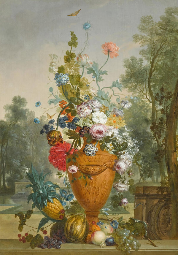 A Vase OfPeonies Chrysanthemums And A Carnation With Exotic Fruits In A Garden