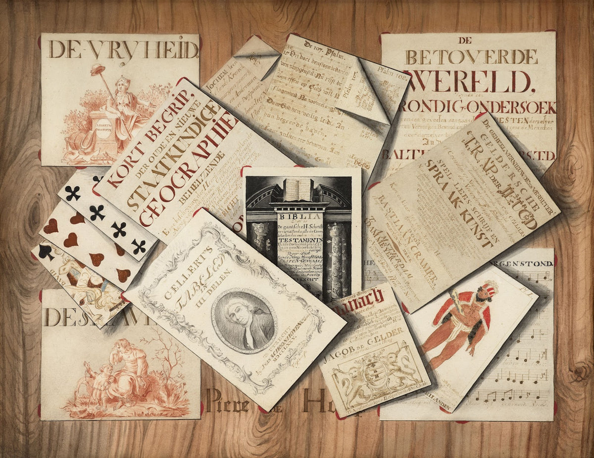 Trompe lœil of a frontispiece of the Bible scores and playing cards