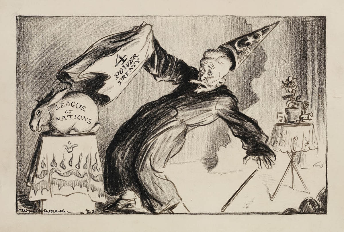 A magician pulls away a cloth representing the 4 Power Treaty and reveals a rabb