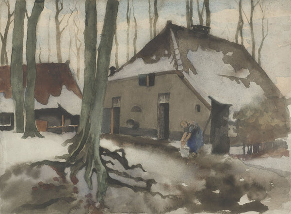 Vrouw voor een huis in een besneeuwd bos  1870   1923