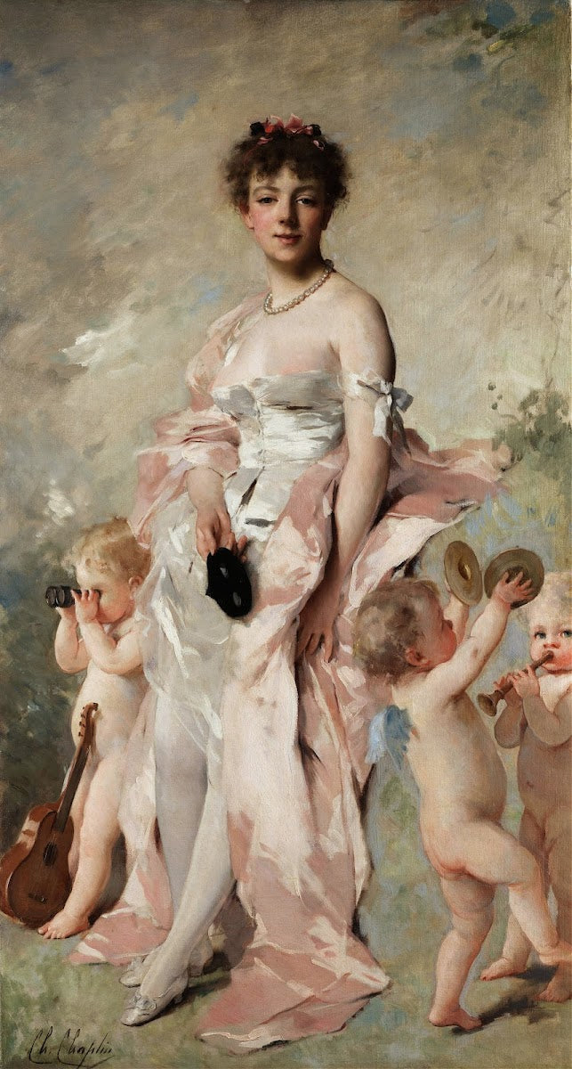 Young woman in ball dress with putti by 1891