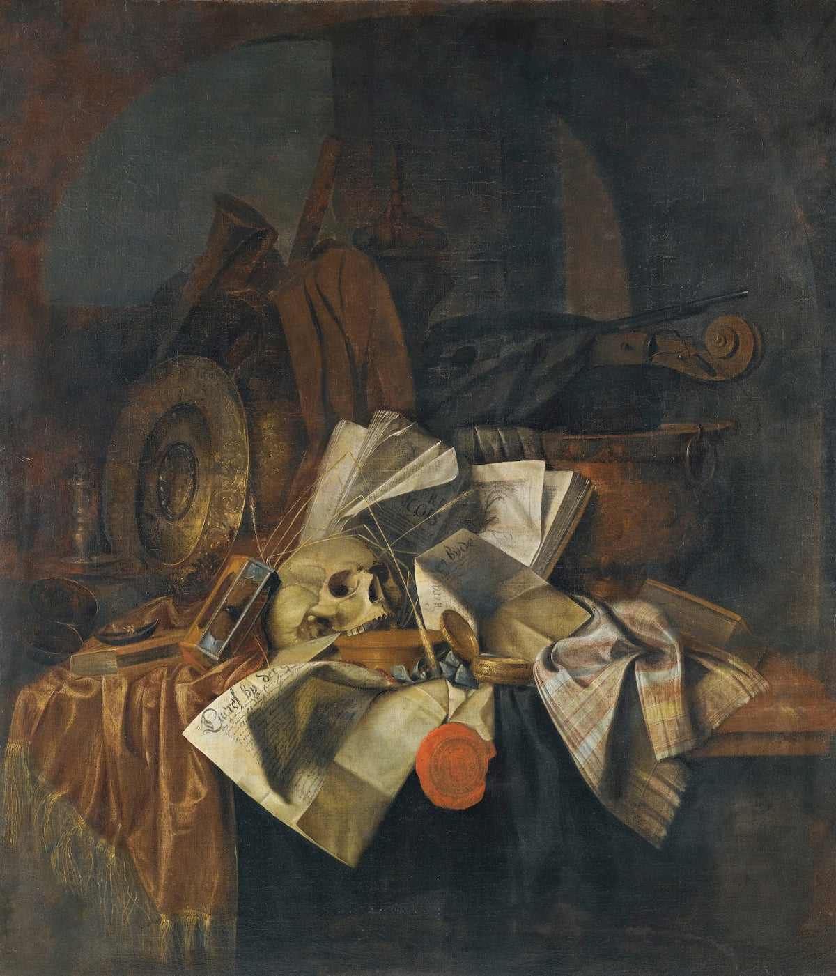 A Vanitas Still Life With A Skull A Shield An Hour Glass Books And Papers On A T
