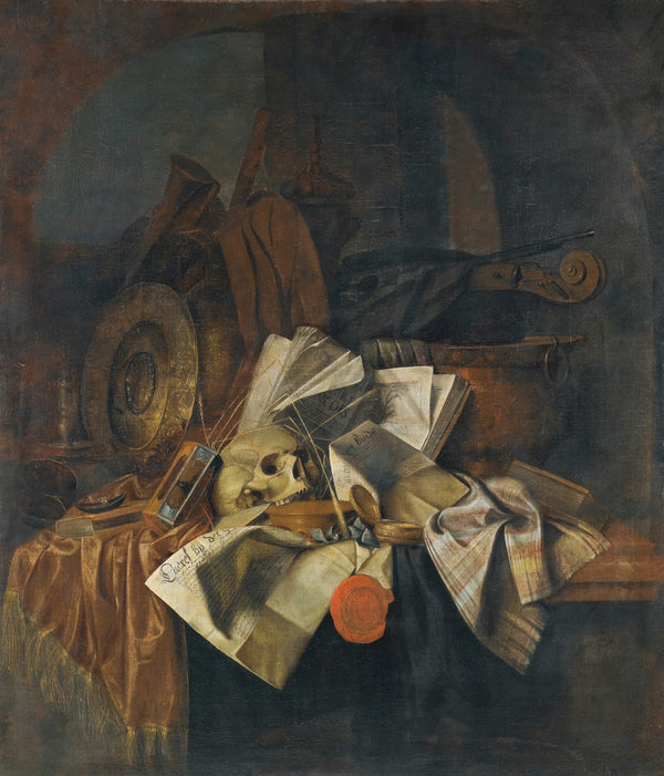 A Vanitas Still Life With A Skull A Shield An Hour Glass Books And Papers On A T