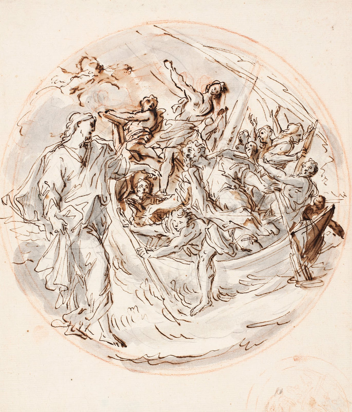 Tondo with Christ bidding Peter to walk on the water and a fragment of smaller s