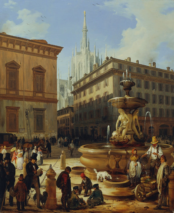 Straßenansicht aus Mailand im Hintergrund der Dom 1844