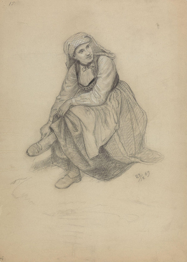 Sittende kvinne som tar av seg skoen 1869