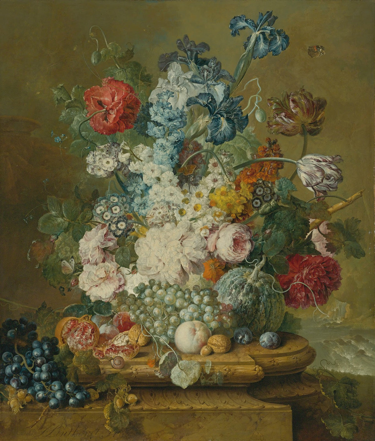 Still Life Of Peonies Primroses Irises Tulips A Poppy And Other Flowers With Gra