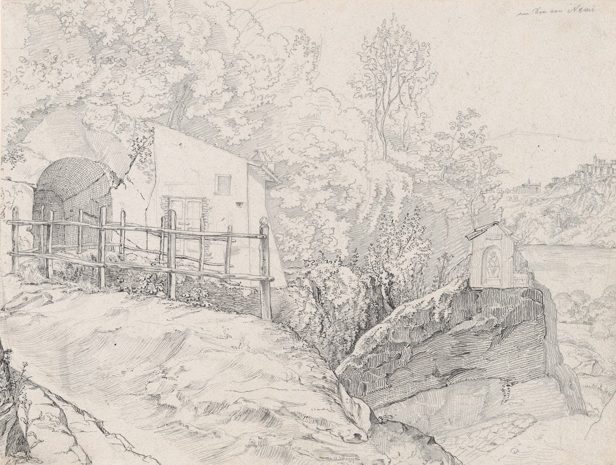 A House near a Grotto and a Roadside Chapel at Lake Nemi with a View of Genzano