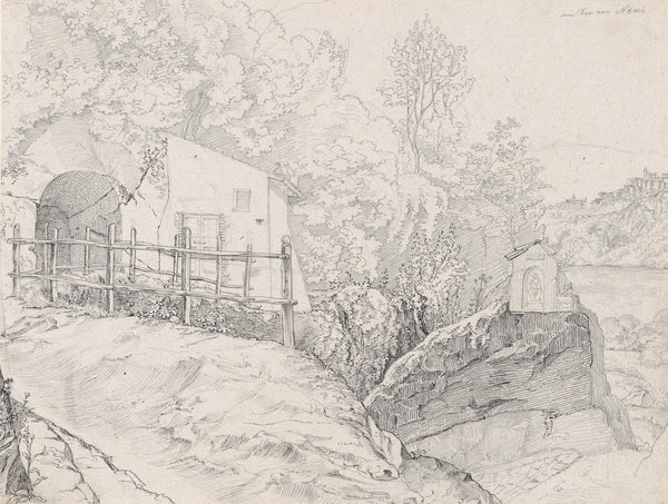 A House near a Grotto and a Roadside Chapel at Lake Nemi with a View of Genzano