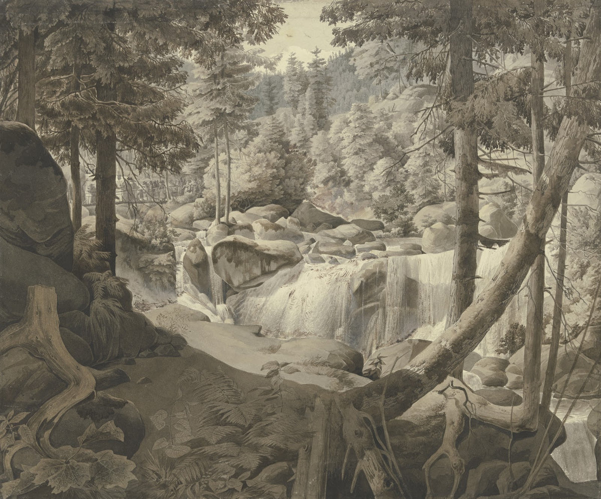Waldlandschaft mit Wasserfall im Hintergrund Pilger über eine Brücke gehend