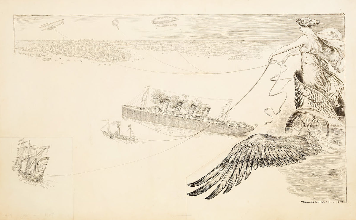 A woman in a winged chariot holds the reins to ships a plane a dirigible and a h