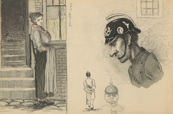 Vrouw voor een huis en drie voorstellingen van een politieagent 1893   1928