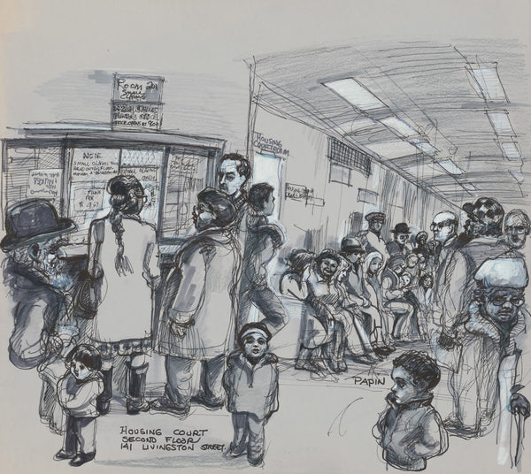 Interior view of a corridor at the Kings County Housing Court with many people o