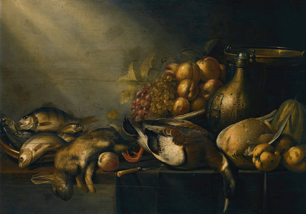 Still life with a dead hare and duck fish vegetables and an earthenware flagon o