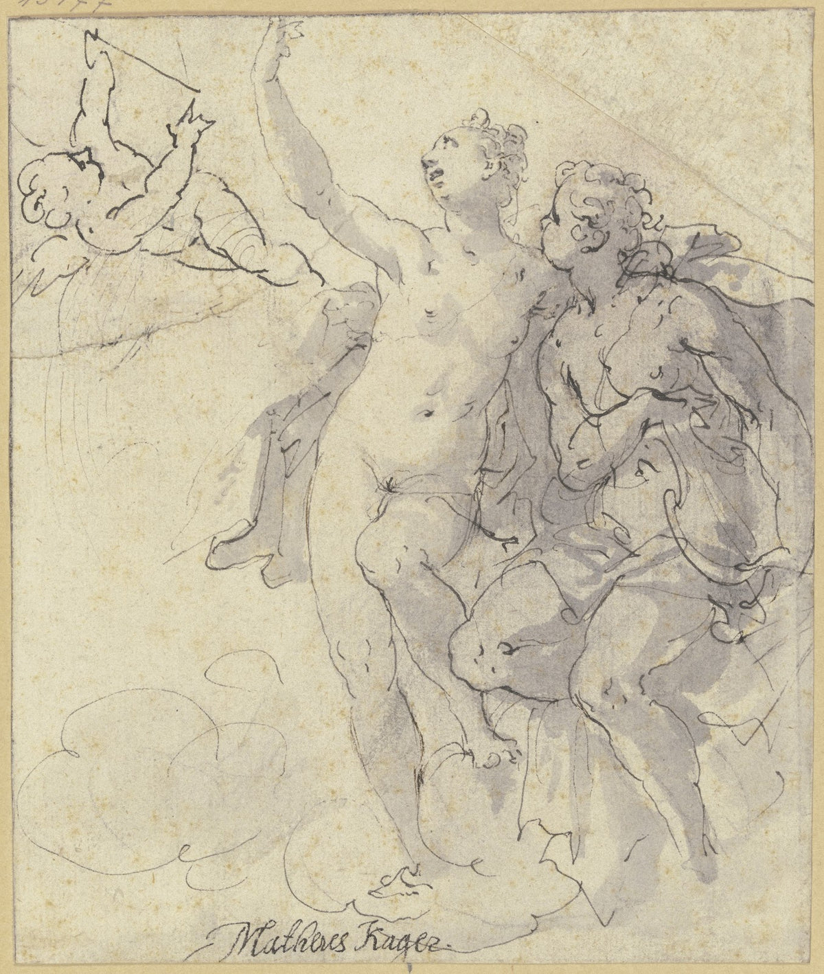 Venus Apoll und Amor durch die Wolken schwebend