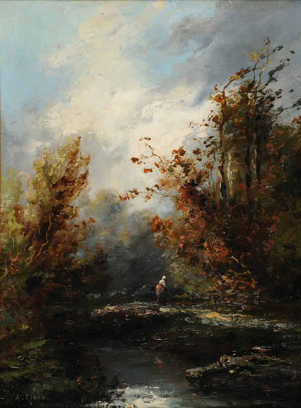 Paysage avec cours deau et paysanne