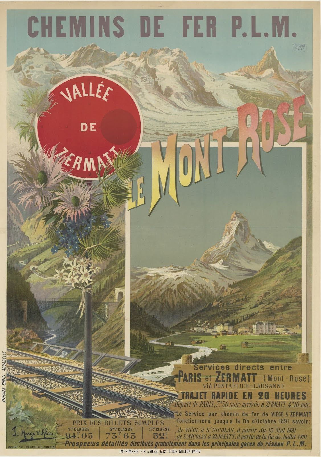 Chemins de fer P L M Le Mont Rose Vallée de Zermatt 1891