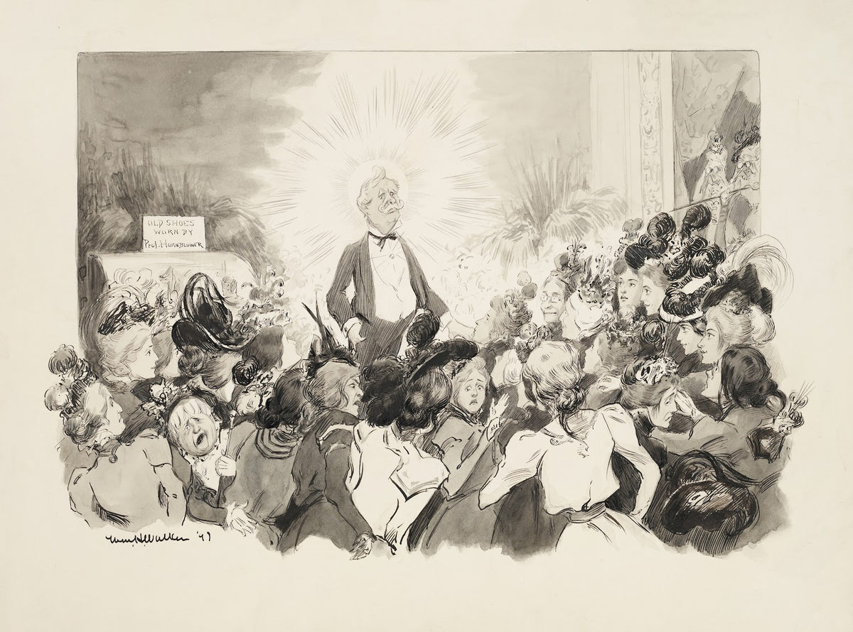 A man in a suit with a halo causes a group of ladies to either admire him or arg