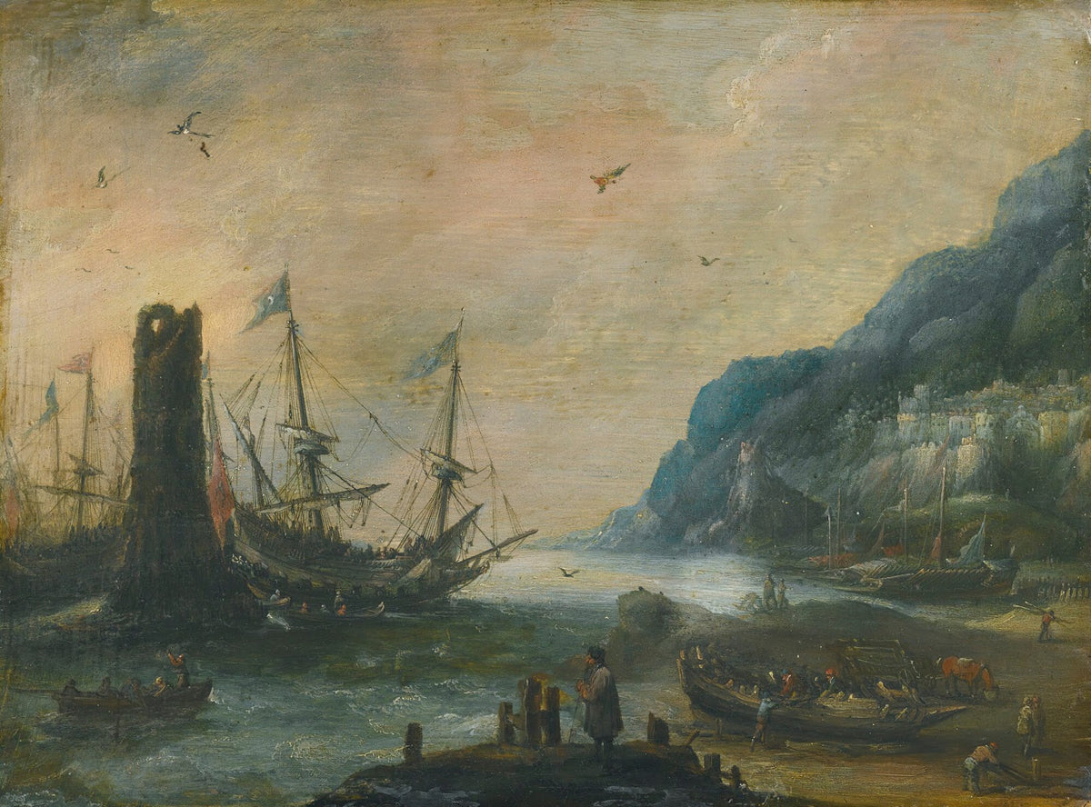 A mediterranean coastal scene with a tower ships and figures on the shore
