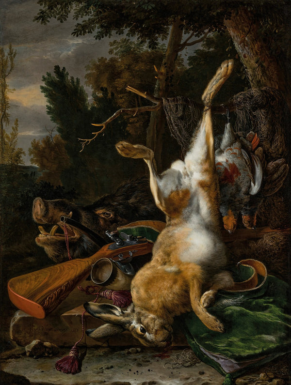 A game still life with a hung hare a boars head and a musket in a landscape 1668