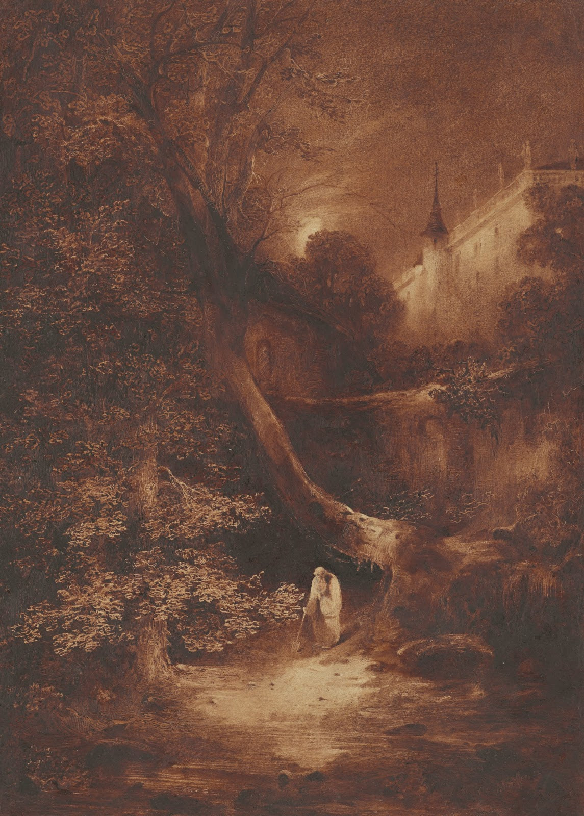 Moonlit Landscape with a Monk Walking near a Palace 1852