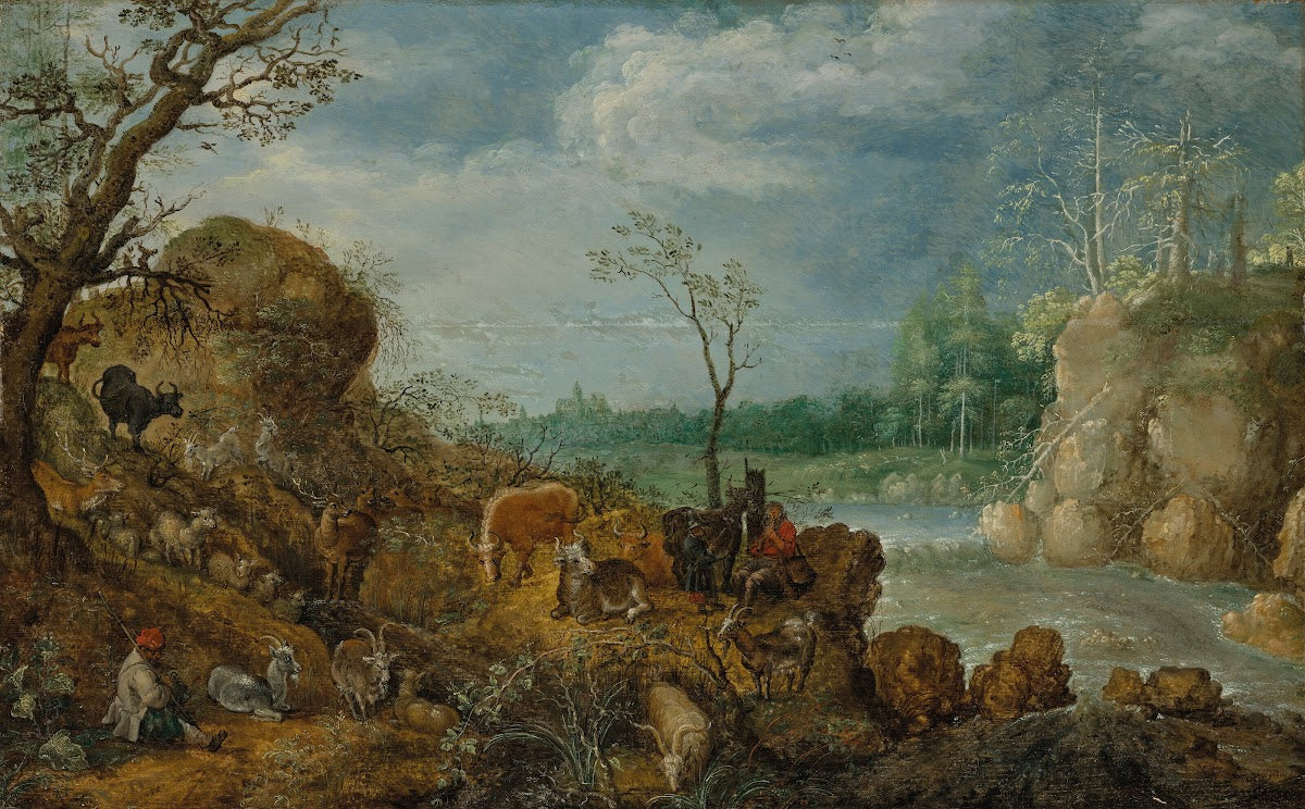 A river landscape with shepherds making music among the animals