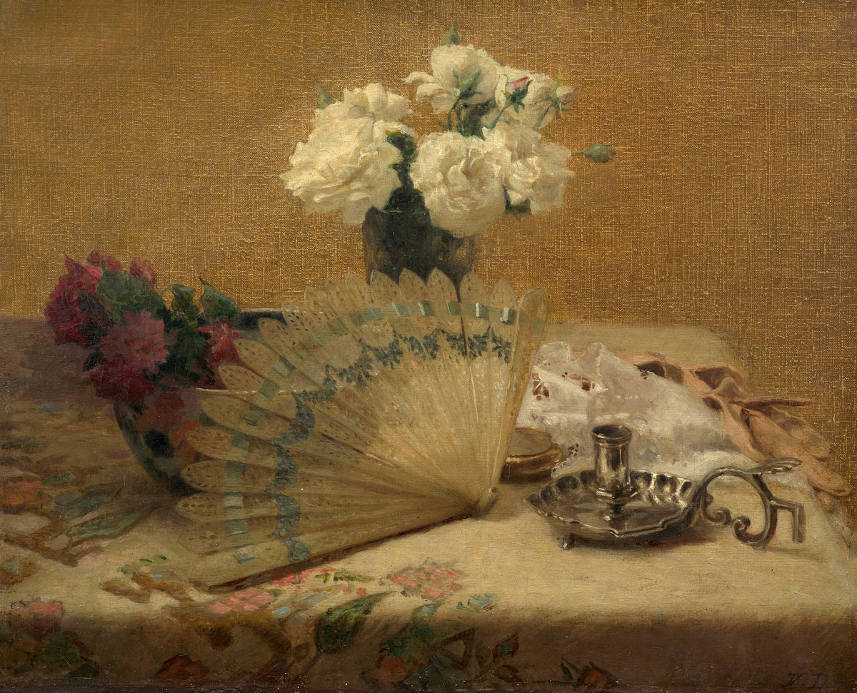 Composition with fan and bouquet of white roses