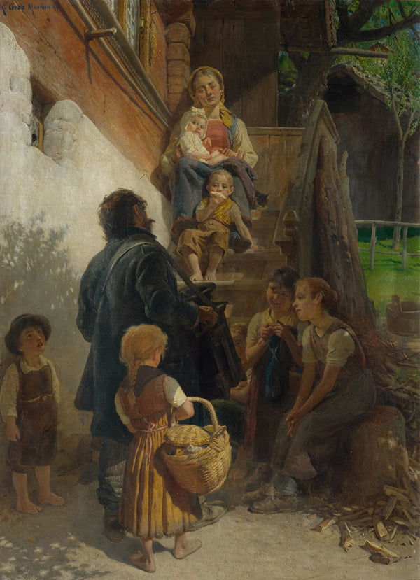 Szene im Oberhaslithal Leierkastenspieler vor dem Haus 1899
