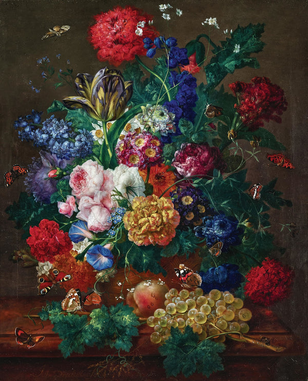 An Elaborate Floral Still Life with Roses Tulips Narcissus Grapes and Butterflie