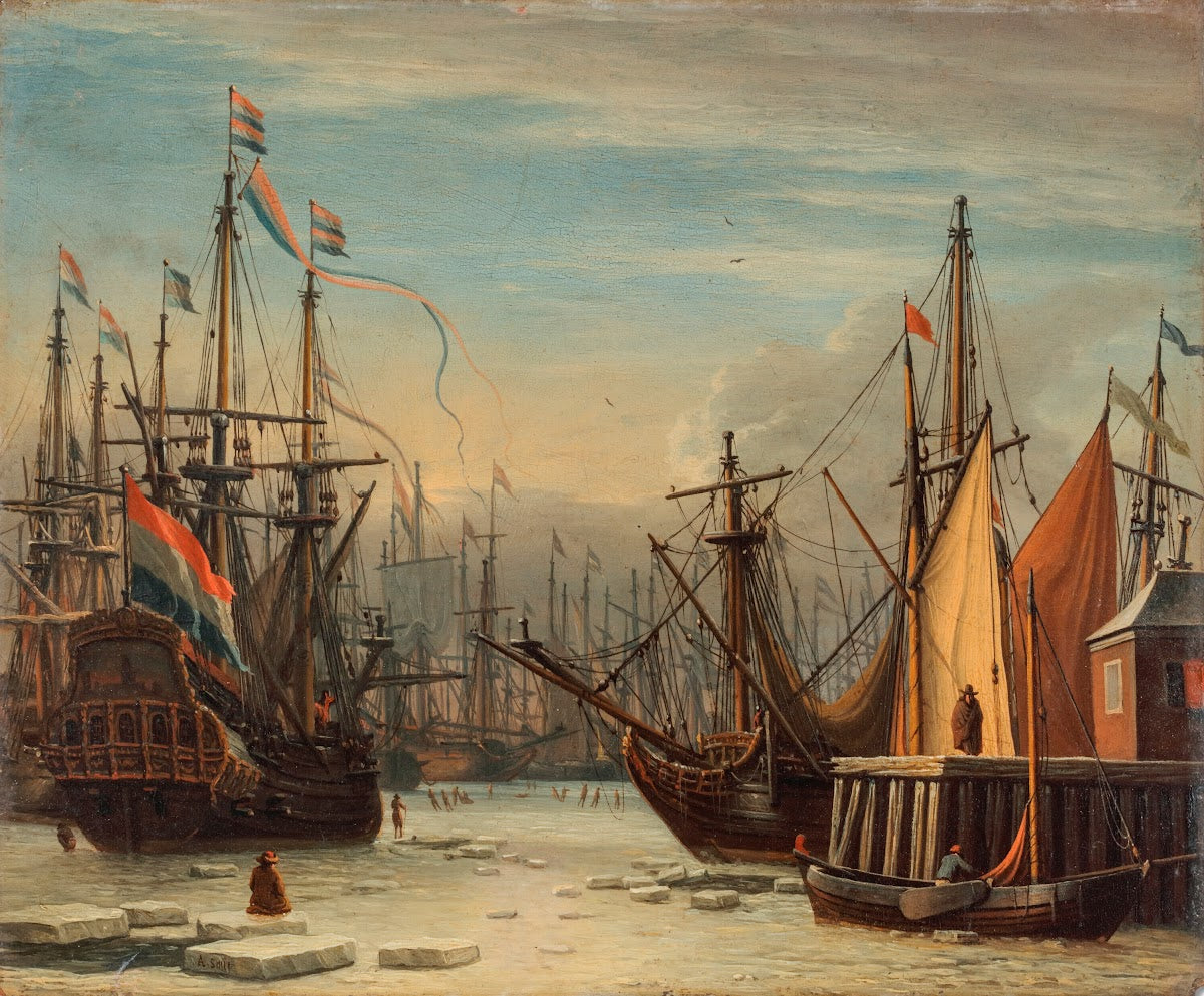 A view of the IJ harbour in winter Amsterdam with figures skating between the sh